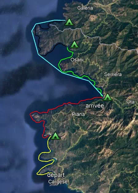 Parcours indicatifs, Corse en kayak , de Cargèse à Porto (Piana, Scandola)
