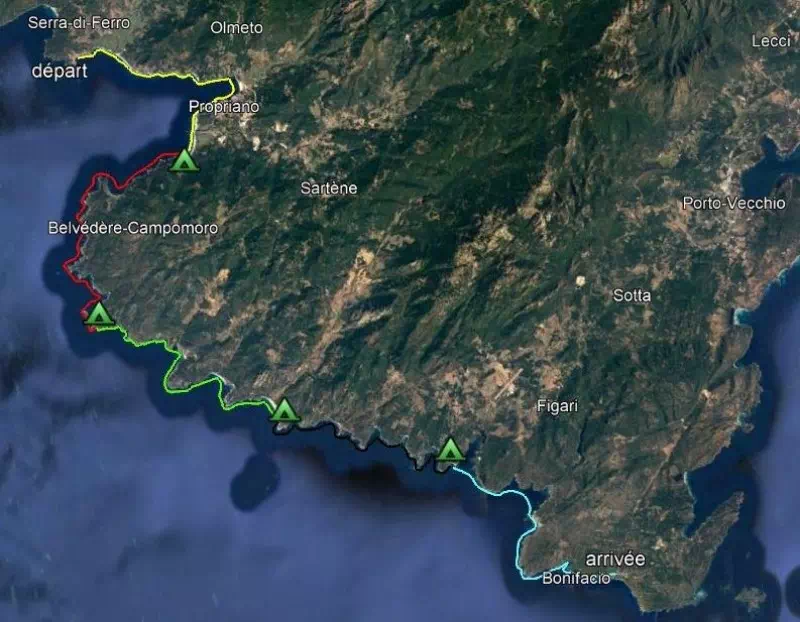 Parcours indicatifs, Kayak de mer en Corse, de Propriano à Bonifacio