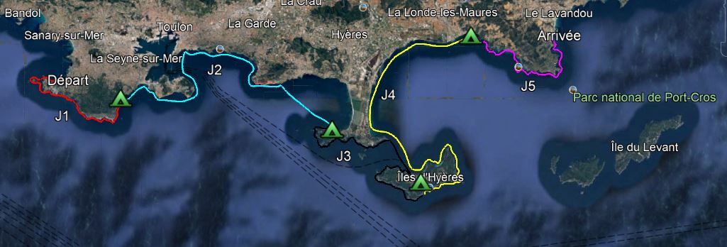 Parcours indicatifs, Itinérance en kayak de mer de Six-Fours-les-plages à Bormes les Mimosas