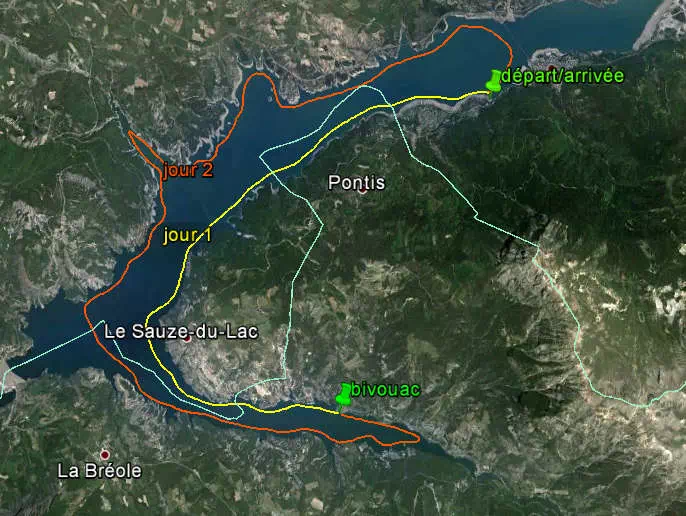 Parcours indicatifs, Kayak de mer sur le lac de Serre-Ponçon